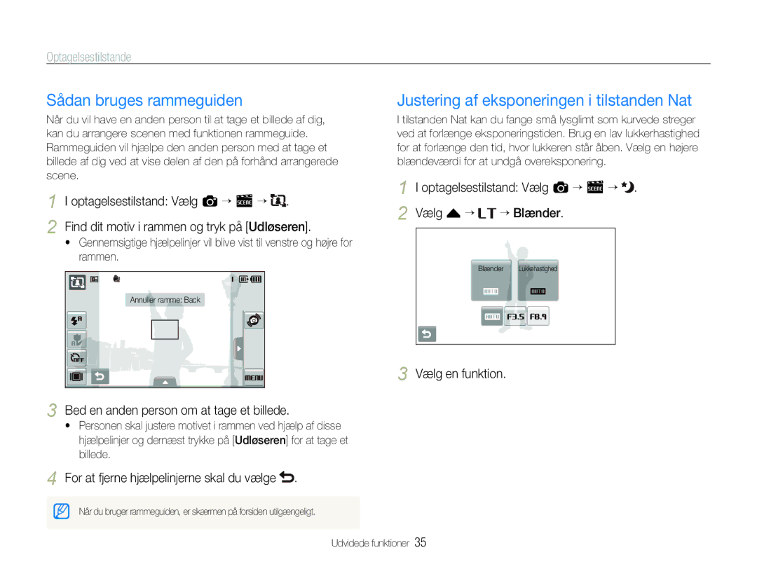 Samsung EC-ST600ZBPGE2, EC-ST600ZBPBE3 manual Sådan bruges rammeguiden, Justering af eksponeringen i tilstanden Nat 