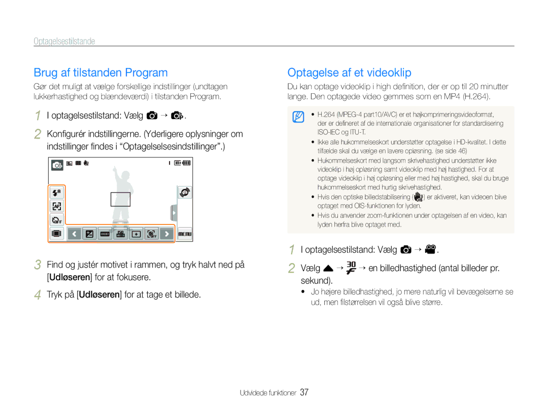 Samsung EC-ST600ZBPLE2 manual Brug af tilstanden Program, Optagelse af et videoklip, Optagelsestilstand Vælg a “ p 