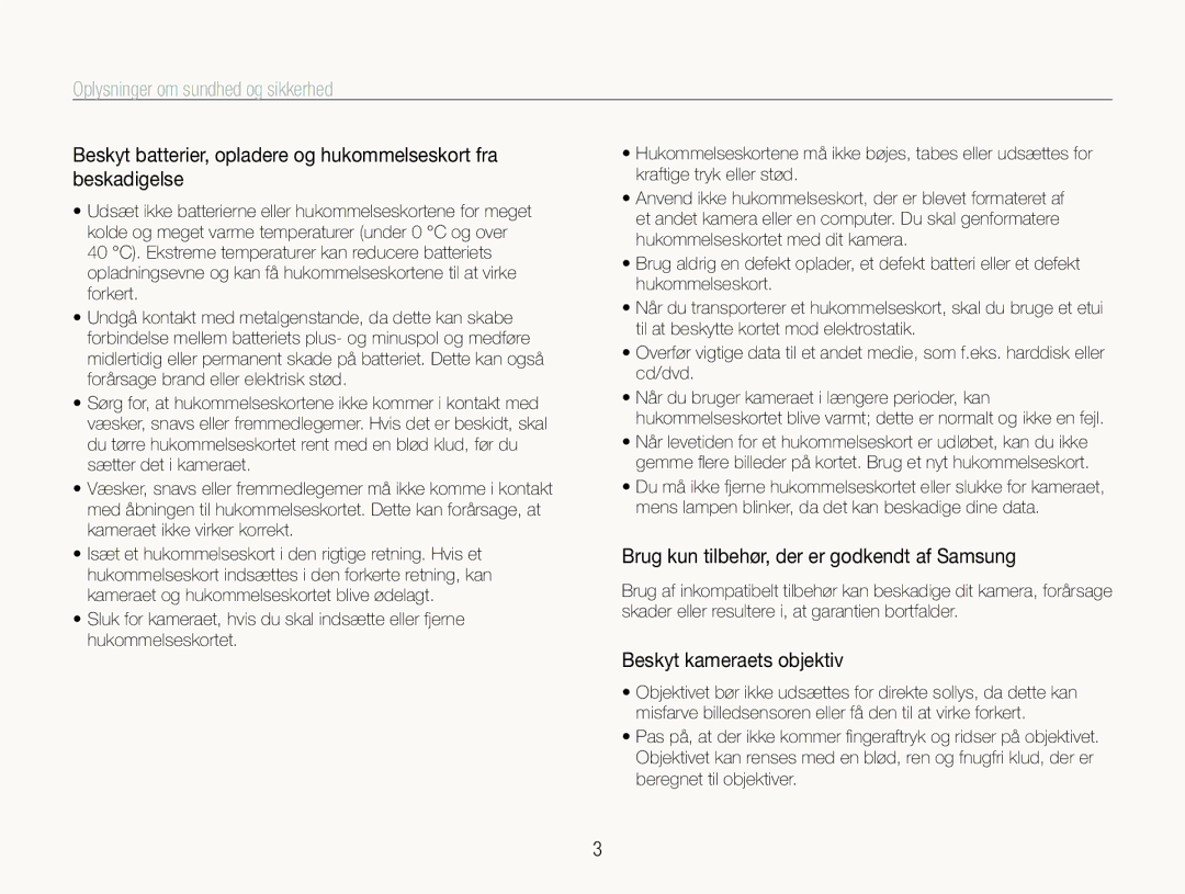 Samsung EC-ST600ZBPPE2, EC-ST600ZBPBE3 manual Brug kun tilbehør, der er godkendt af Samsung, Beskyt kameraets objektiv 