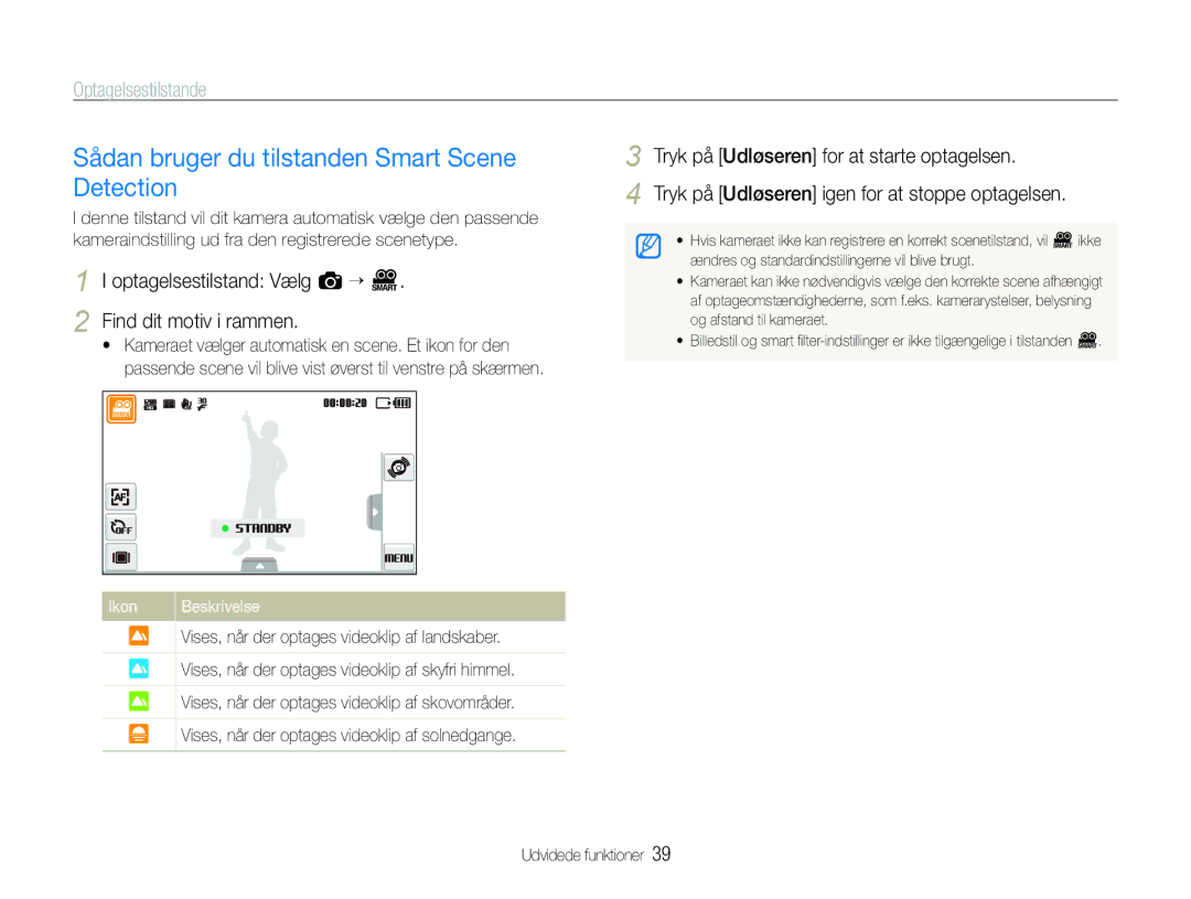 Samsung EC-ST600ZBPBE3, EC-ST600ZBPGE2 manual Sådan bruger du tilstanden Smart Scene Detection, Find dit motiv i rammen 