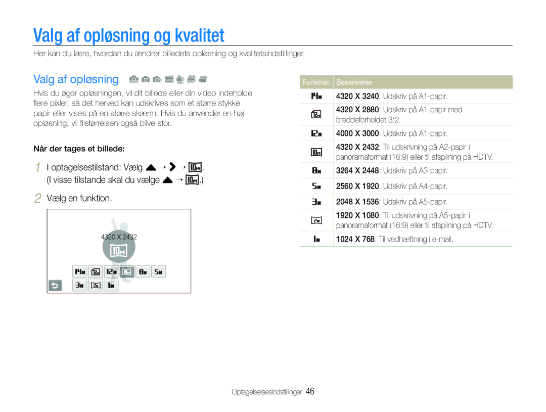 Samsung EC-ST600ZBPBE2, EC-ST600ZBPBE3, EC-ST600ZBPGE2 manual Valg af opløsning og kvalitet, Valg af opløsning S a p s d D 