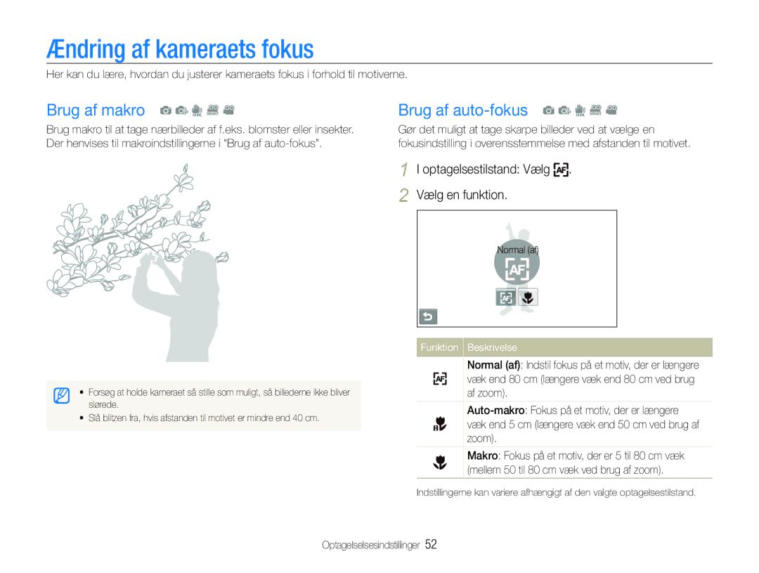 Samsung EC-ST600ZBPLE2, EC-ST600ZBPBE3 manual Ændring af kameraets fokus, Brug af makro a p d D Brug af auto-fokus a p d D 