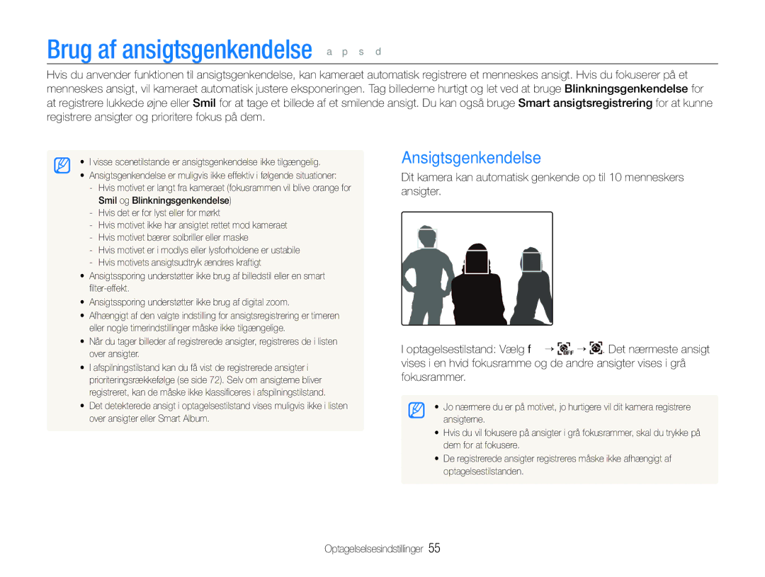 Samsung EC-ST600ZBPGE2, EC-ST600ZBPBE3, EC-ST600ZBPBE2 manual Brug af ansigtsgenkendelse a p s d, Ansigtsgenkendelse 