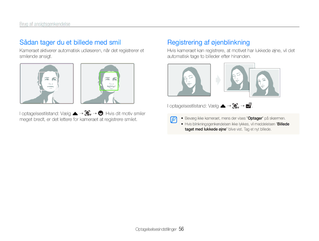 Samsung EC-ST600ZBPBE2 manual Sådan tager du et billede med smil, Registrering af øjenblinkning, Brug af ansigtsgenkendelse 