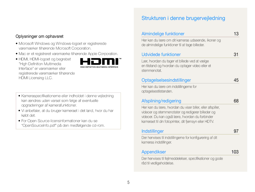 Samsung EC-ST600ZBPGE2, EC-ST600ZBPBE3, EC-ST600ZBPBE2 Strukturen i denne brugervejledning, Oplysninger om ophavsret, 103 