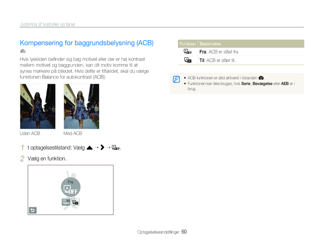 Samsung EC-ST600ZBPGE2 manual Kompensering for baggrundsbelysning ACB, Justering af lysstyrke og farve, Uden ACBMed ACB 