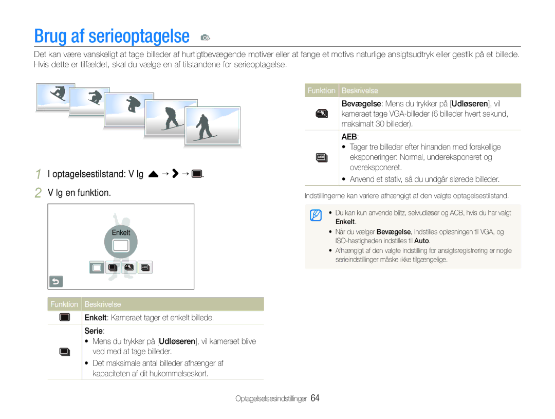 Samsung EC-ST600ZBPBE3, EC-ST600ZBPGE2 manual Brug af serieoptagelse p, Optagelsestilstand Vælg f “ “ Vælg en funktion 