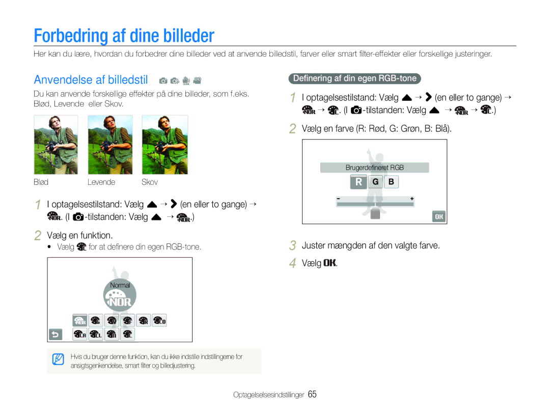 Samsung EC-ST600ZBPGE2 manual Forbedring af dine billeder, Anvendelse af billedstil a p d, Deﬁnering af din egen RGB-tone 