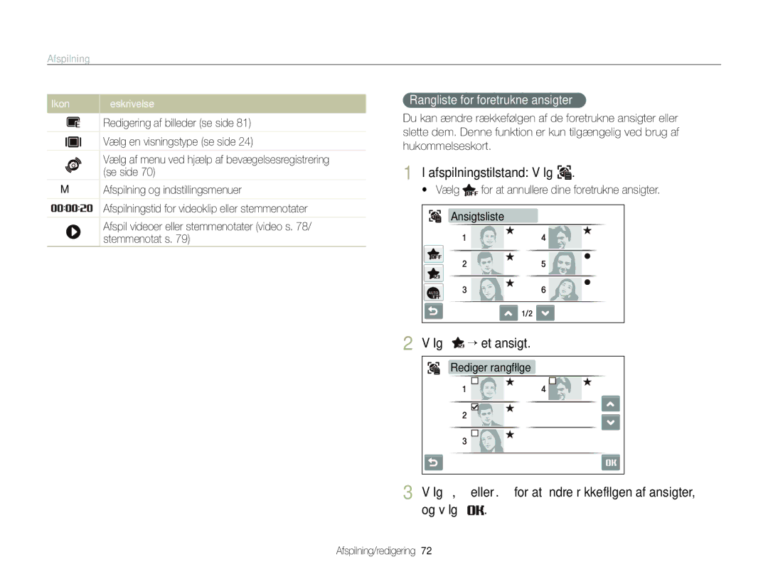 Samsung EC-ST600ZBPLE2, EC-ST600ZBPBE3 manual Afspilningstilstand Vælg, Vælg “ et ansigt, Rangliste for foretrukne ansigter 