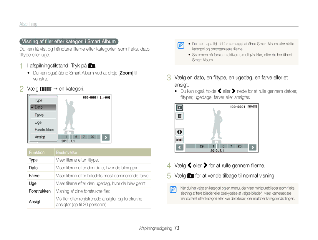 Samsung EC-ST600ZBPPE2 manual Afspilningstilstand Tryk på, Vælg “ en kategori, Vælg eller for at rulle gennem ﬁlerne 