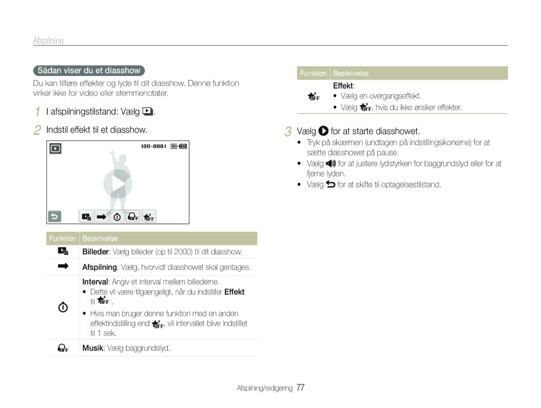 Samsung EC-ST600ZBPLE2 manual Afspilningstilstand Vælg Indstil effekt til et diasshow, Vælg for at starte diasshowet 