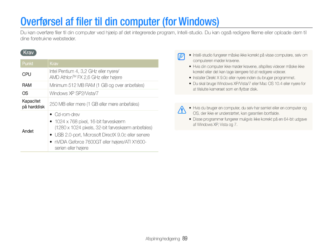 Samsung EC-ST600ZBPBE3, EC-ST600ZBPGE2, EC-ST600ZBPBE2 manual Overførsel af ﬁler til din computer for Windows, Punkt Krav 