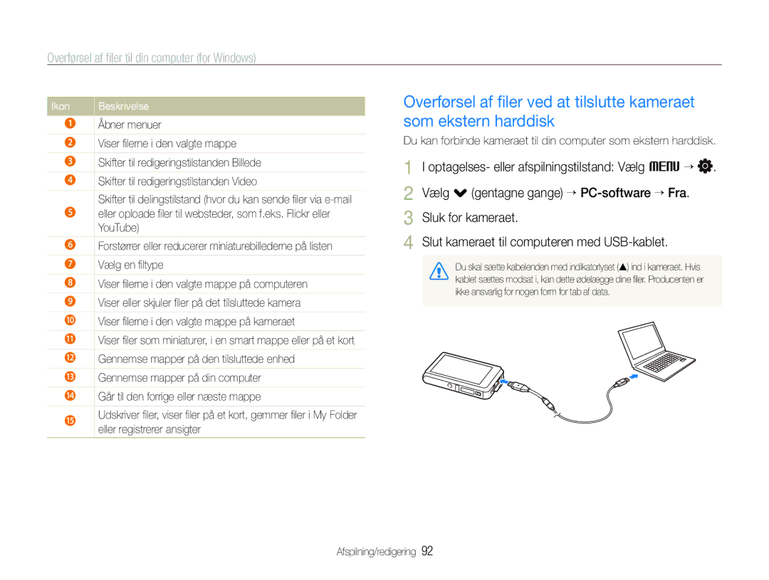 Samsung EC-ST600ZBPLE2, EC-ST600ZBPBE3, EC-ST600ZBPGE2 Vælg . gentagne gange ““PC-software ““Fra, Sluk for kameraet, Ikon 