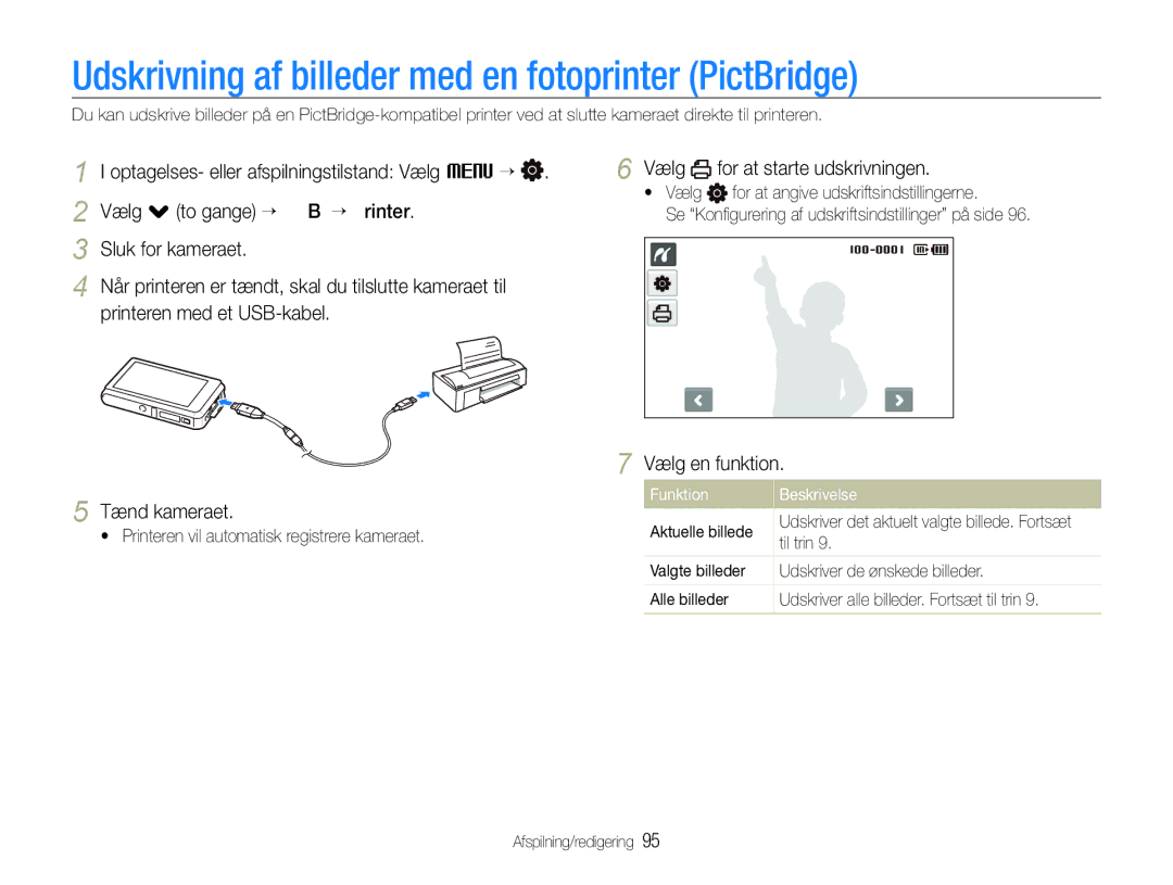 Samsung EC-ST600ZBPGE2 manual Udskrivning af billeder med en fotoprinter PictBridge, Vælg . to gange ““USB ““Printer 