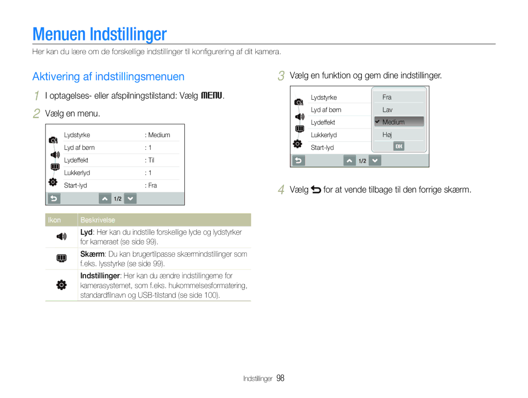 Samsung EC-ST600ZBPPE2 Menuen Indstillinger, Aktivering af indstillingsmenuen, Vælg en funktion og gem dine indstillinger 