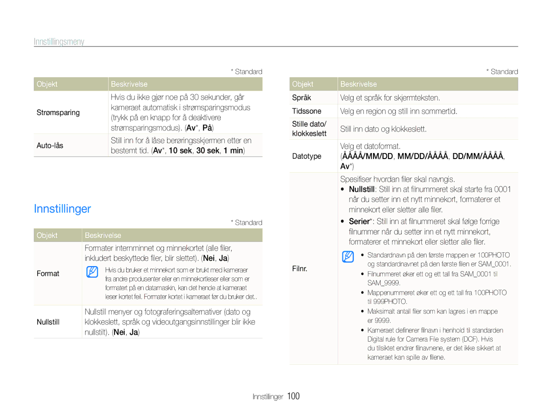 Samsung EC-ST600ZBPGE2, EC-ST600ZBPBE3, EC-ST600ZBPBE2, EC-ST600ZBPLE2, EC-ST600ZBPPE2 manual Innstillinger 