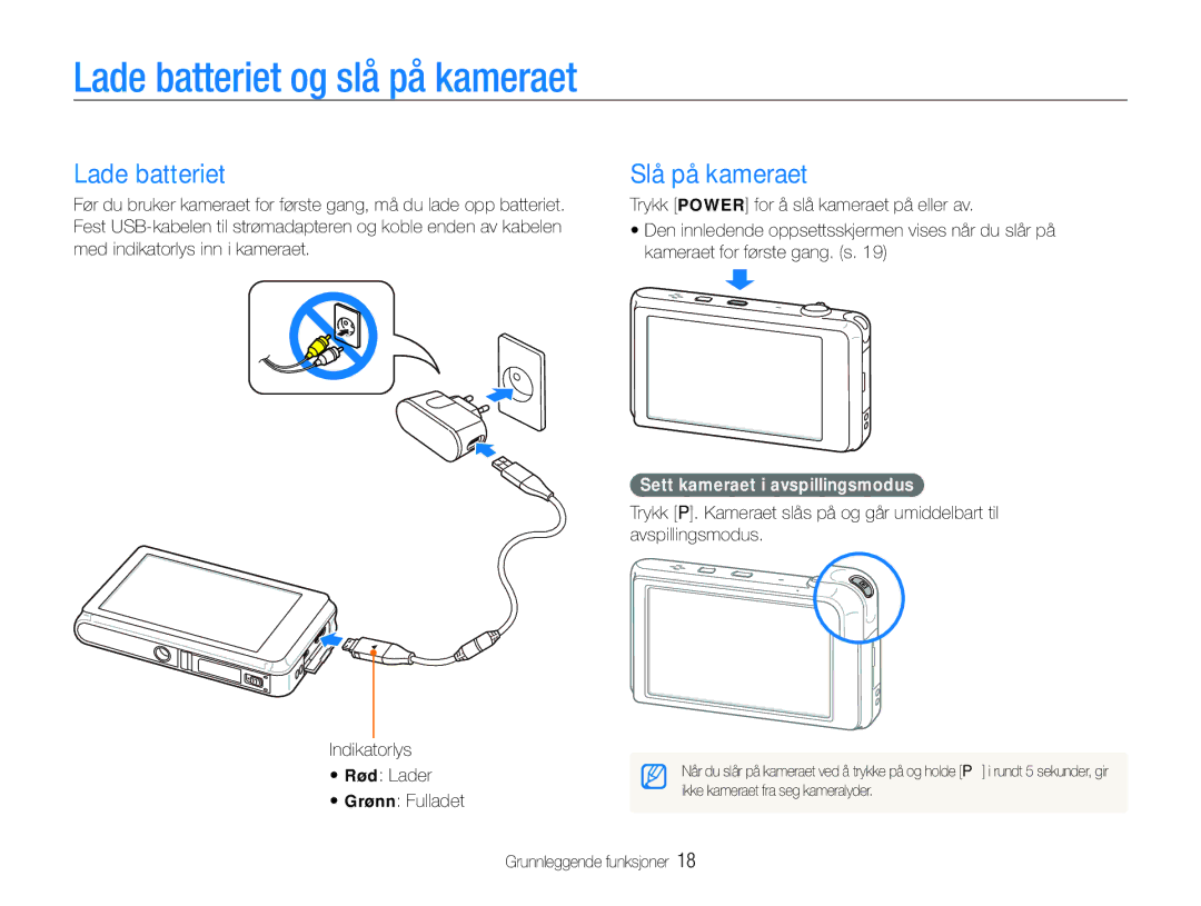 Samsung EC-ST600ZBPPE2 manual Lade batteriet og slå på kameraet, Slå på kameraet, Sett kameraet i avspillingsmodus 