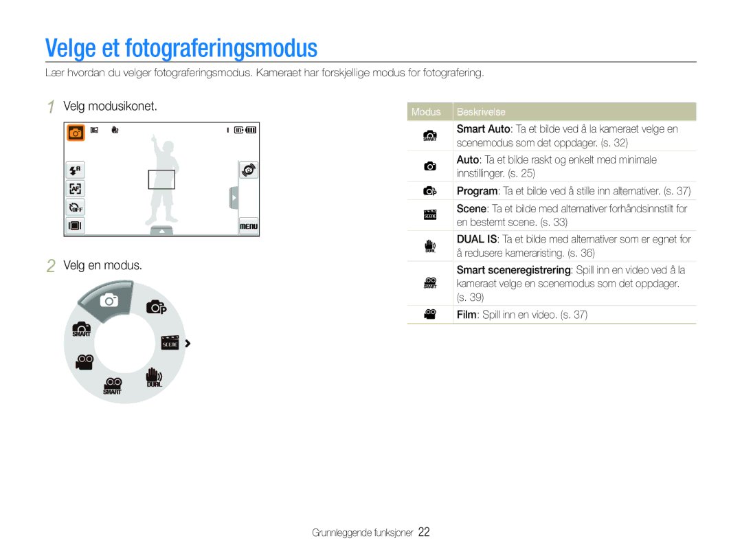 Samsung EC-ST600ZBPLE2, EC-ST600ZBPBE3 Velge et fotograferingsmodus, Velg modusikonet Velg en modus, Modus Beskrivelse 