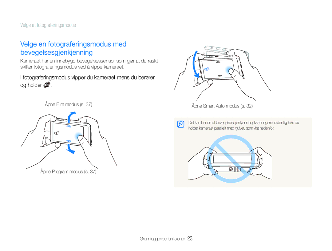 Samsung EC-ST600ZBPPE2 manual Velge en fotograferingsmodus med bevegelsesgjenkjenning, Velge et fotograferingsmodus 