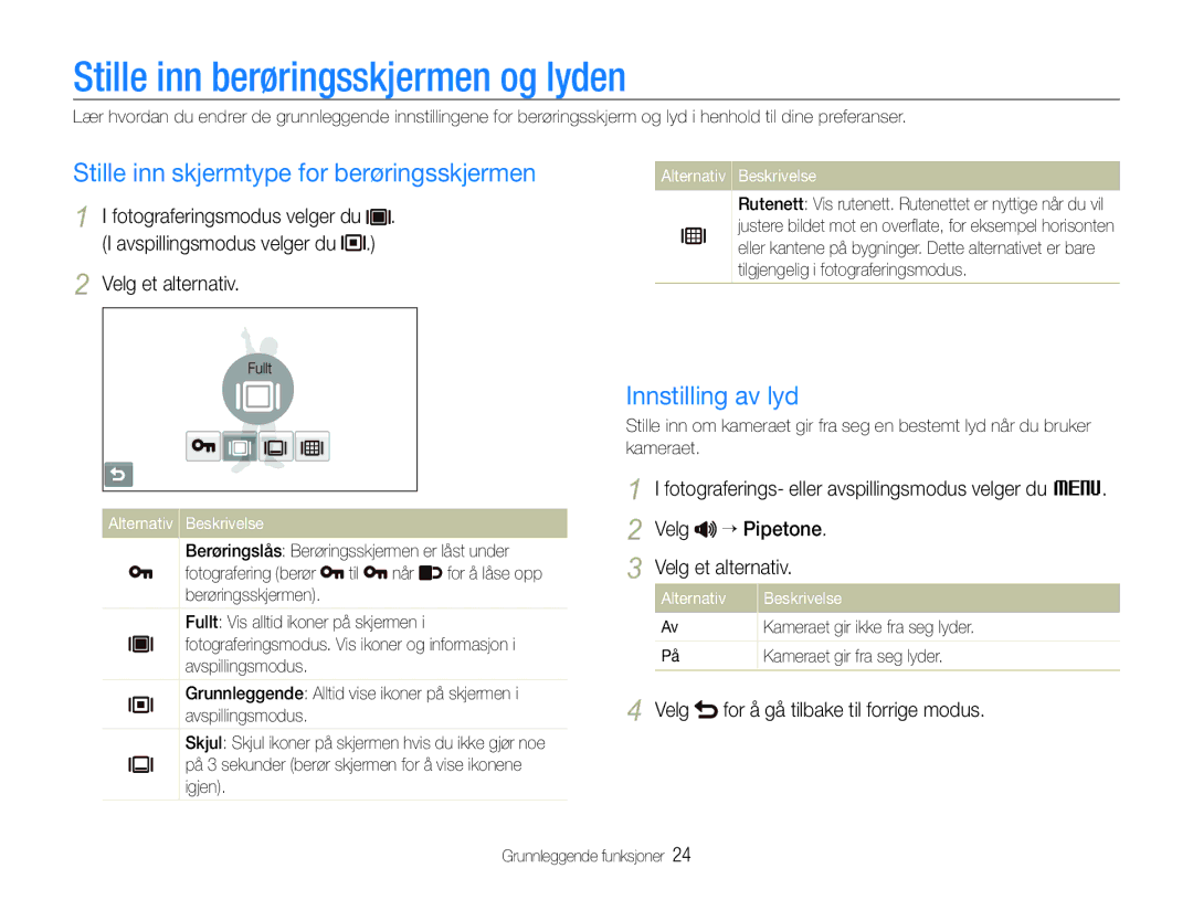 Samsung EC-ST600ZBPBE3, EC-ST600ZBPGE2 Stille inn berøringsskjermen og lyden, Stille inn skjermtype for berøringsskjermen 