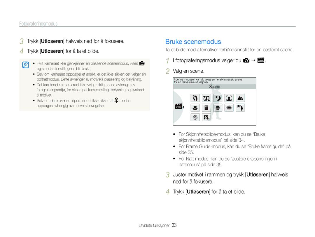 Samsung EC-ST600ZBPPE2, EC-ST600ZBPBE3 manual Bruke scenemodus, Fotograferingsmodus velger du a ““s Velg en scene 