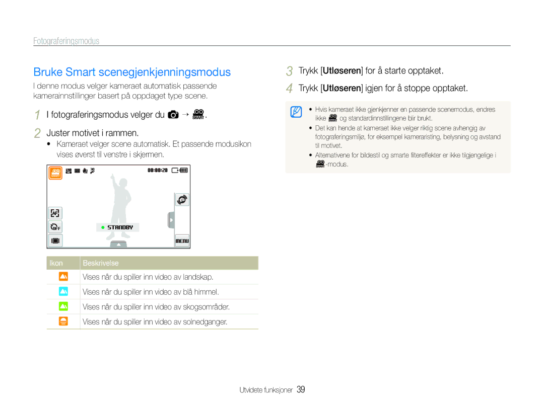 Samsung EC-ST600ZBPBE3, EC-ST600ZBPGE2, EC-ST600ZBPBE2 manual Bruke Smart scenegjenkjenningsmodus, Juster motivet i rammen 