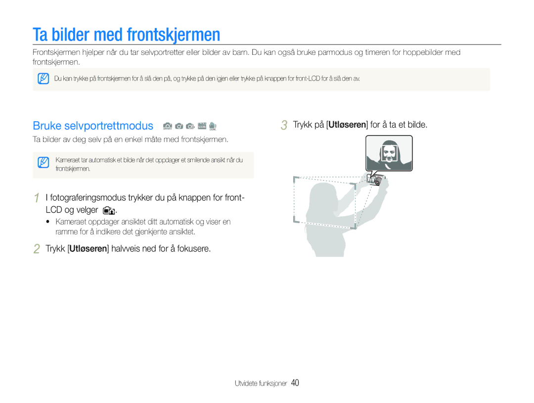 Samsung EC-ST600ZBPGE2, EC-ST600ZBPBE3, EC-ST600ZBPBE2 manual Ta bilder med frontskjermen, Bruke selvportrettmodus S a p s d 