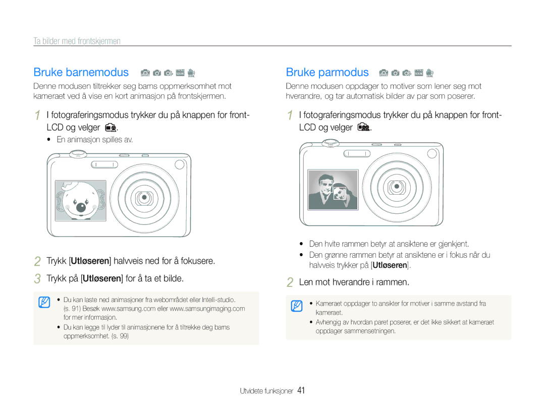 Samsung EC-ST600ZBPBE2, EC-ST600ZBPBE3 Bruke barnemodus S a p s d, Bruke parmodus S a p s d, Ta bilder med frontskjermen 