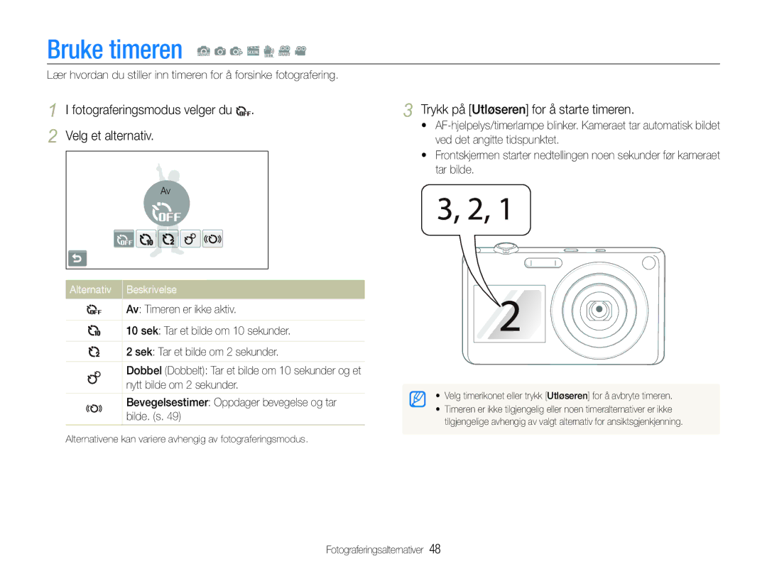 Samsung EC-ST600ZBPPE2, EC-ST600ZBPBE3 manual Bruke timeren S a p s d D, Fotograferingsmodus velger du Velg et alternativ 