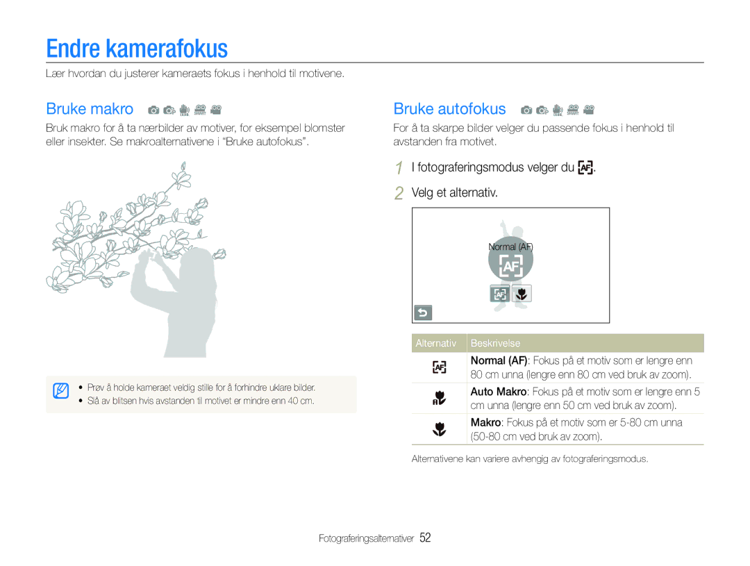 Samsung EC-ST600ZBPLE2, EC-ST600ZBPBE3, EC-ST600ZBPGE2 manual Endre kamerafokus, Bruke makro a p d D, Bruke autofokus a p d D 