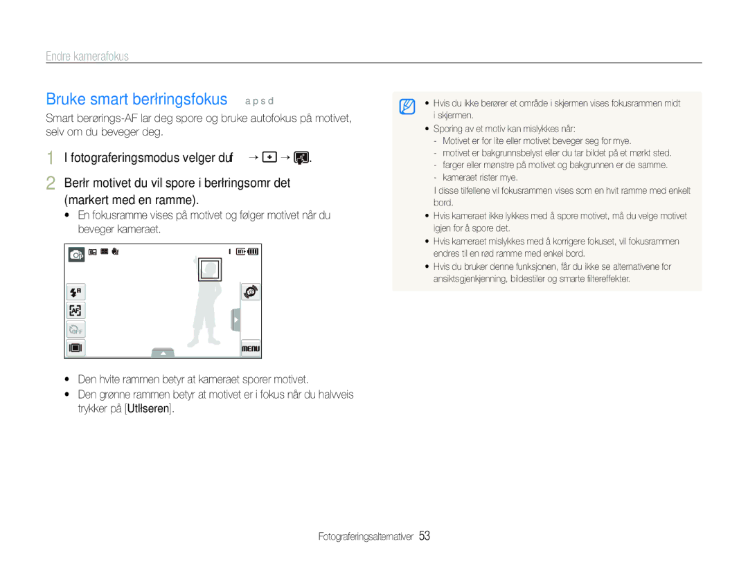 Samsung EC-ST600ZBPPE2, EC-ST600ZBPBE3 manual Bruke smart berøringsfokus a p s d, Endre kamerafokus, Markert med en ramme 