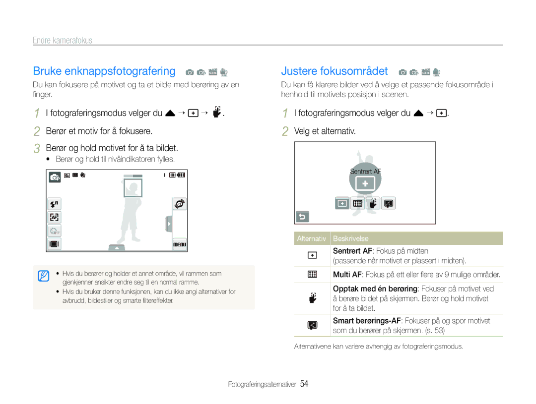 Samsung EC-ST600ZBPBE3, EC-ST600ZBPGE2 Justere fokusområdet a p s d, Fotograferingsmodus velger du f “ Velg et alternativ 