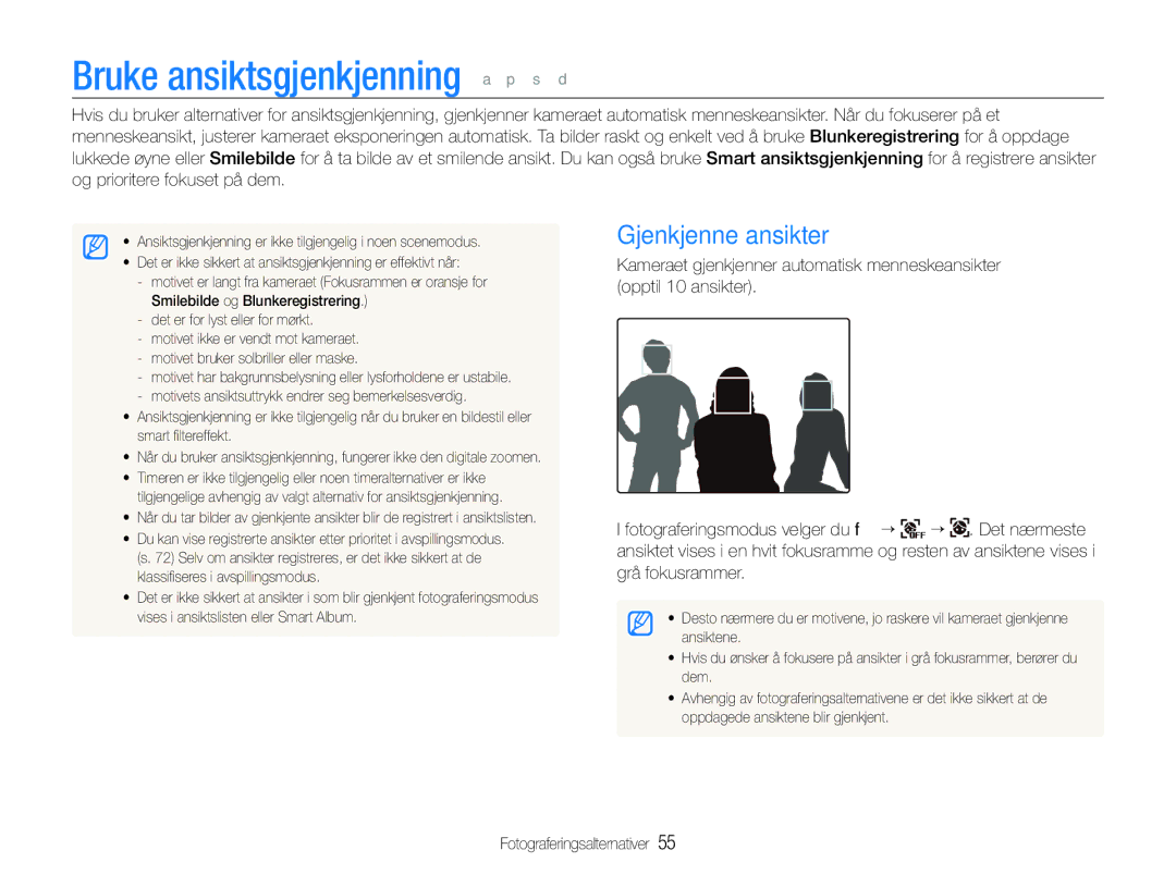 Samsung EC-ST600ZBPGE2, EC-ST600ZBPBE3, EC-ST600ZBPBE2 manual Bruke ansiktsgjenkjenning a p s d, Gjenkjenne ansikter 