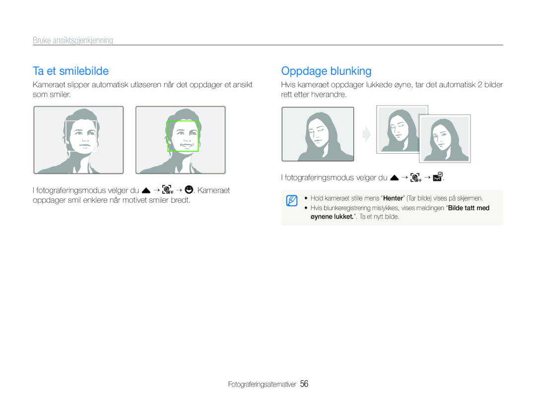 Samsung EC-ST600ZBPBE2, EC-ST600ZBPBE3, EC-ST600ZBPGE2 manual Ta et smilebilde, Oppdage blunking, Bruke ansiktsgjenkjenning 
