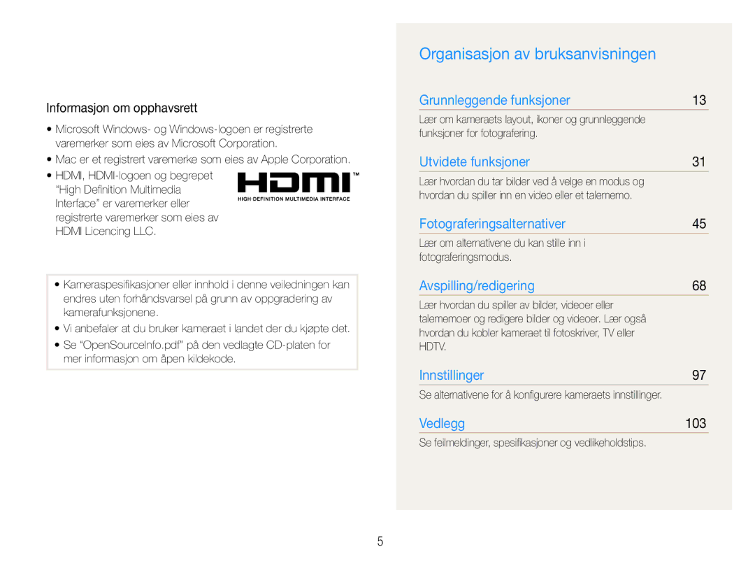 Samsung EC-ST600ZBPGE2, EC-ST600ZBPBE3, EC-ST600ZBPBE2 Organisasjon av bruksanvisningen, Informasjon om opphavsrett, 103 