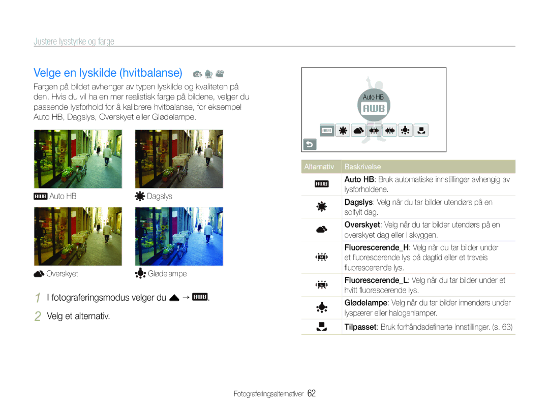 Samsung EC-ST600ZBPLE2 manual Velge en lyskilde hvitbalanse p d, Fotograferingsmodus velger du f ““ Velg et alternativ 