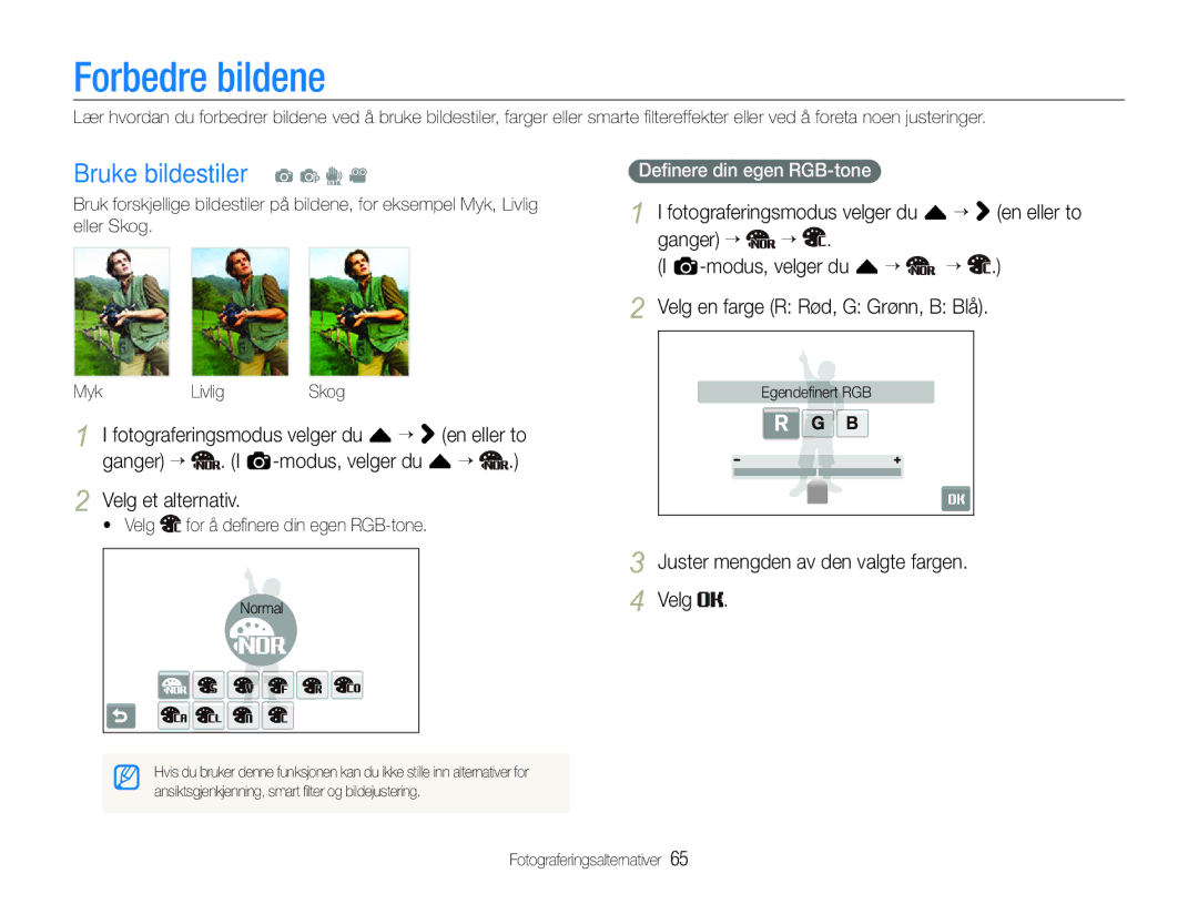 Samsung EC-ST600ZBPGE2, EC-ST600ZBPBE3 Forbedre bildene, Bruke bildestiler a p d, Juster mengden av den valgte fargen Velg 