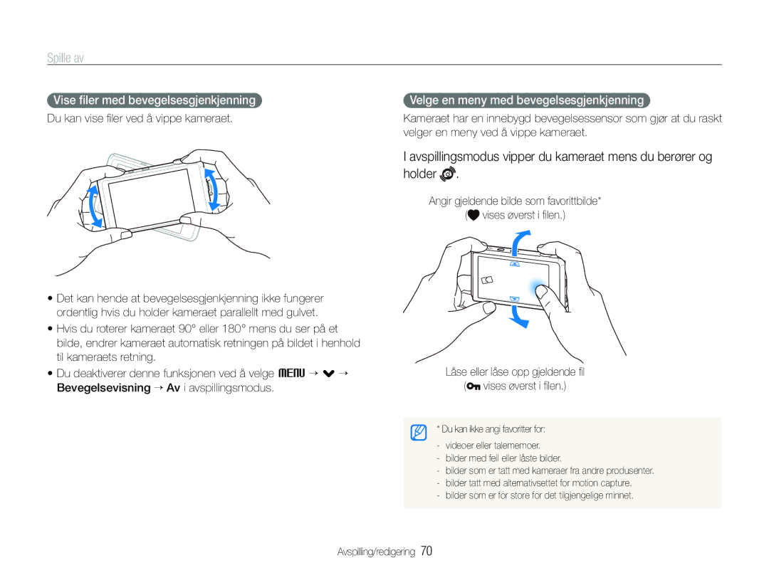 Samsung EC-ST600ZBPGE2 manual Spille av, Vise ﬁler med bevegelsesgjenkjenning, Velge en meny med bevegelsesgjenkjenning 