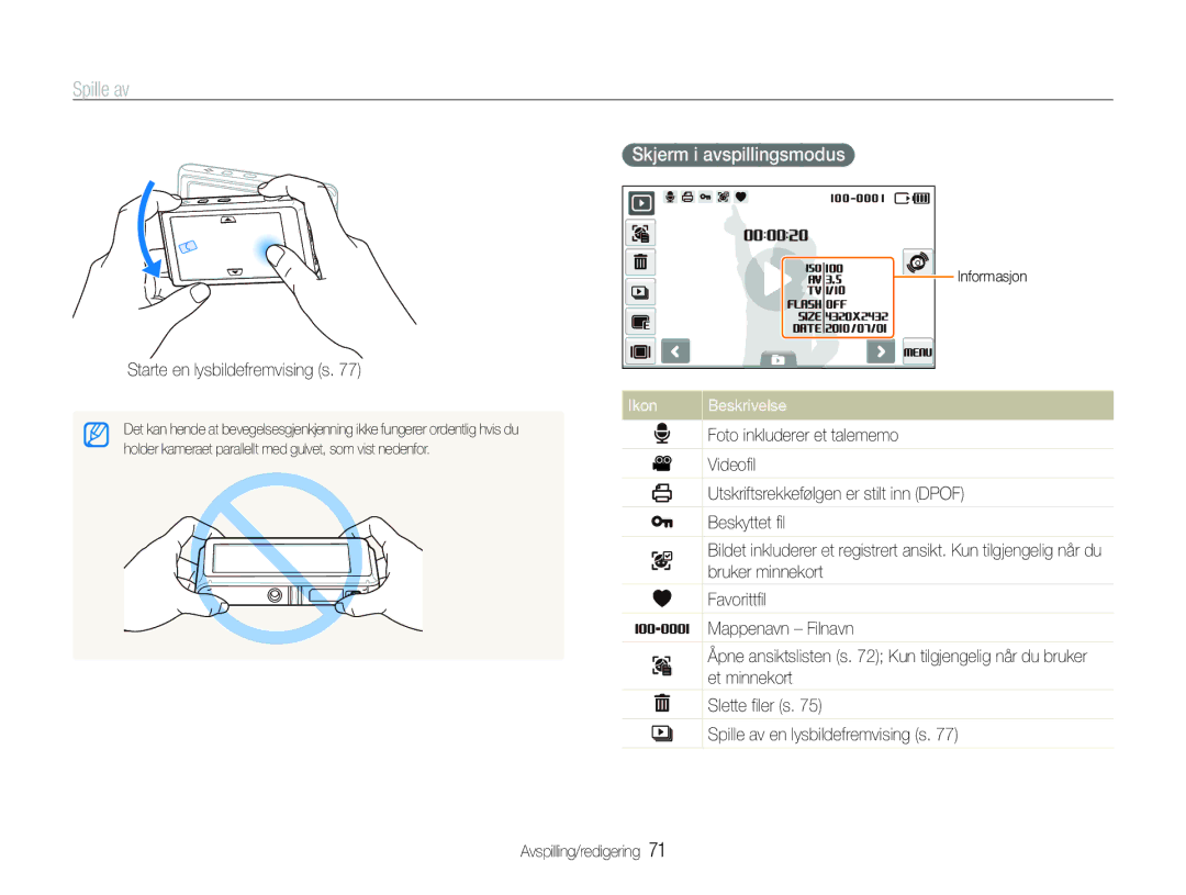 Samsung EC-ST600ZBPBE2, EC-ST600ZBPBE3, EC-ST600ZBPGE2 manual Skjerm i avspillingsmodus, Starte en lysbildefremvising s 