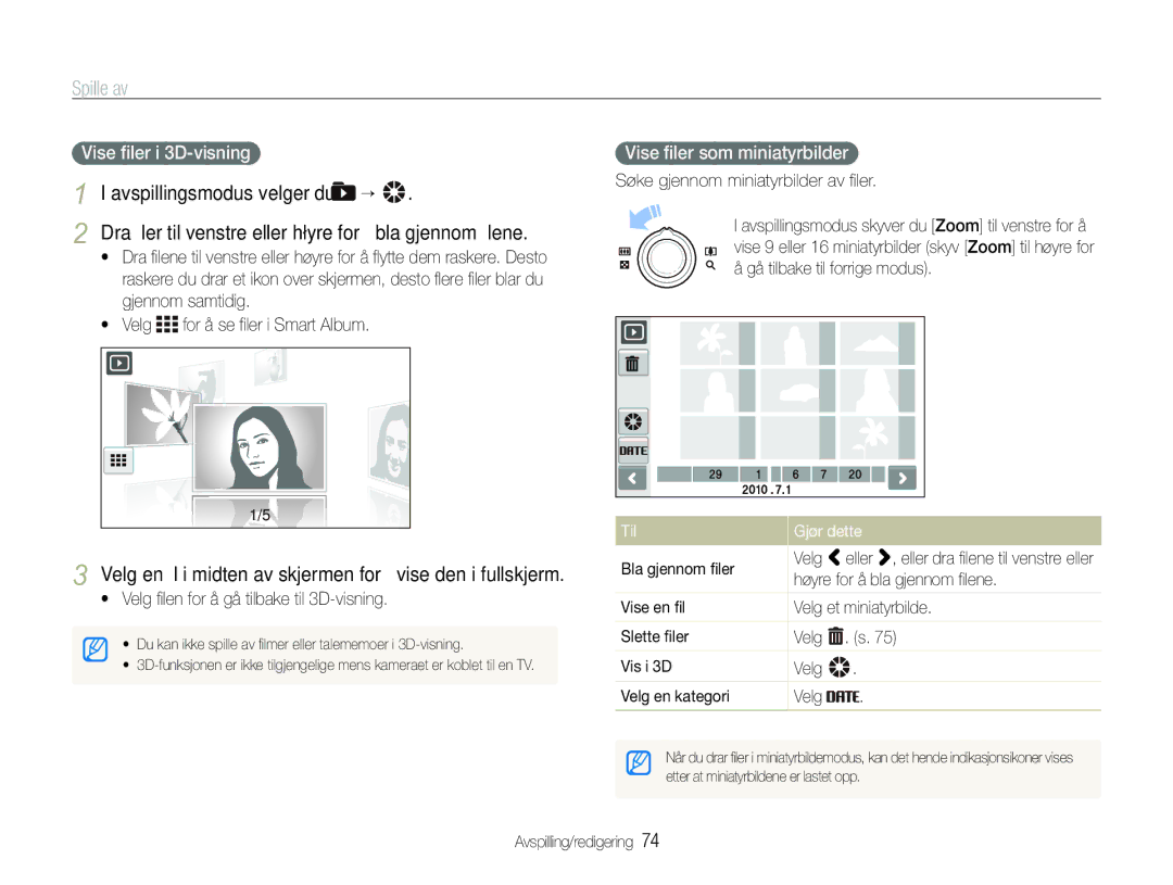 Samsung EC-ST600ZBPBE3 manual  Velg for å se ﬁler i Smart Album, Vise ﬁler som miniatyrbilder, Avspillingsmodus velger du 