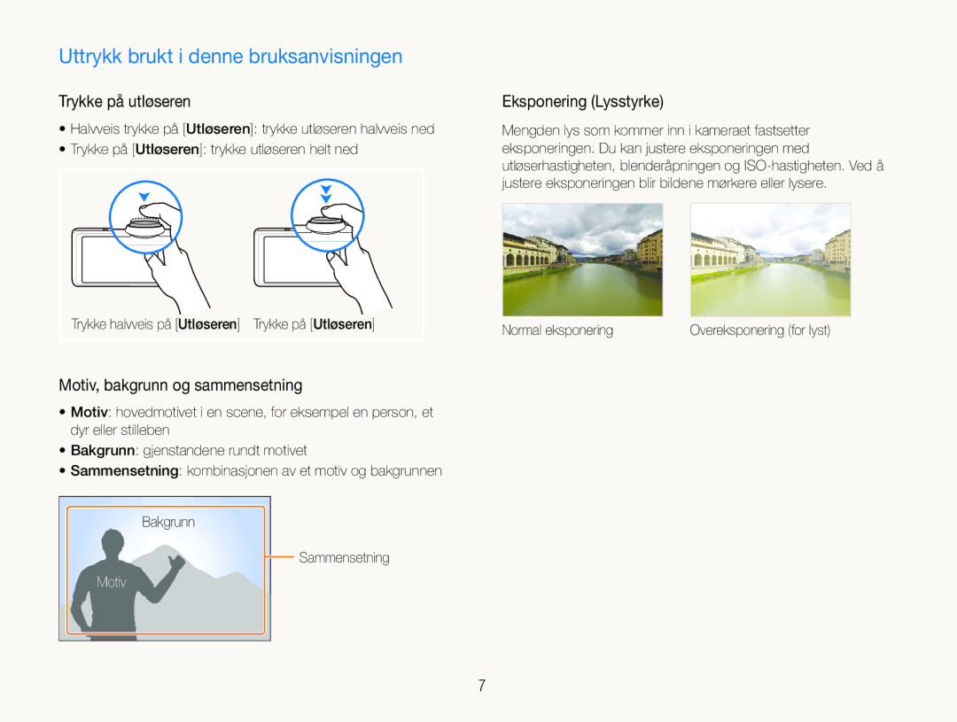 Samsung EC-ST600ZBPLE2 manual Uttrykk brukt i denne bruksanvisningen, Trykke på utløseren, Motiv, bakgrunn og sammensetning 