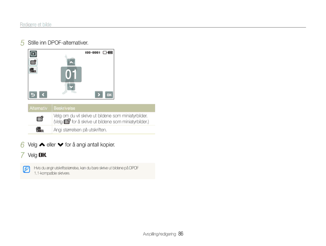 Samsung EC-ST600ZBPBE2, EC-ST600ZBPBE3 manual Stille inn DPOF-alternativer, Velg , eller . for å angi antall kopier 