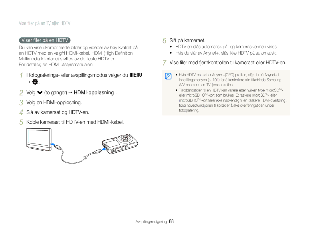 Samsung EC-ST600ZBPPE2 manual Vise ﬁler på en TV eller Hdtv, Vise ﬁler med fjernkontrollen til kameraet eller HDTV-en 