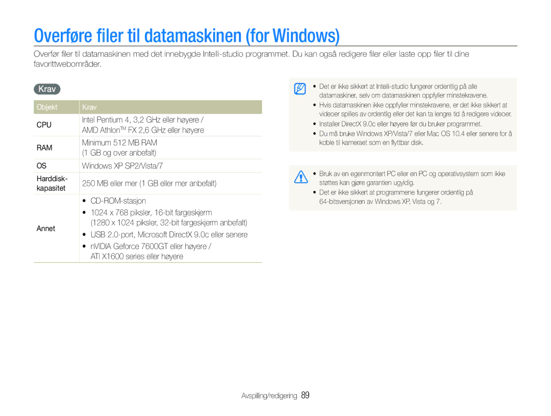 Samsung EC-ST600ZBPBE3, EC-ST600ZBPGE2, EC-ST600ZBPBE2 manual Overføre ﬁler til datamaskinen for Windows, Objekt Krav 