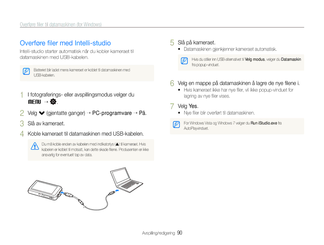 Samsung EC-ST600ZBPGE2 manual Overføre ﬁler med Intelli-studio, Overføre ﬁler til datamaskinen for Windows, Velg Yes 