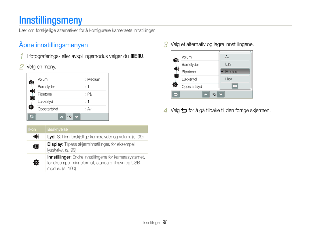 Samsung EC-ST600ZBPPE2 manual Innstillingsmeny, Åpne innstillingsmenyen, Velg et alternativ og lagre innstillingene 