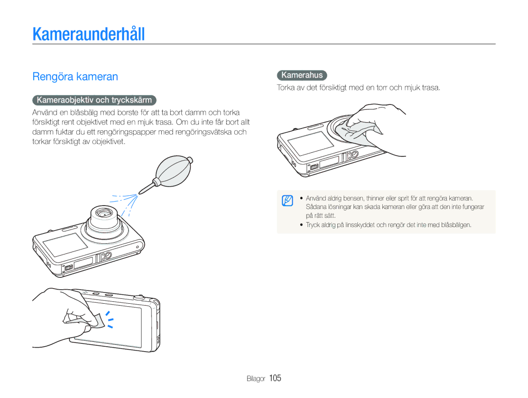 Samsung EC-ST600ZBPGE2, EC-ST600ZBPBE3 manual Kameraunderhåll, Rengöra kameran, Kameraobjektiv och tryckskärm, Kamerahus 