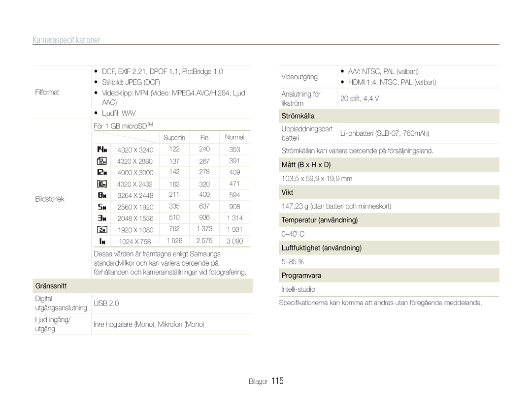 Samsung EC-ST600ZBPGE2, EC-ST600ZBPBE3 manual Filformat,  Ljudﬁl WAV, Bildstorlek, Gränssnitt Digital USB, Ljud ingång 