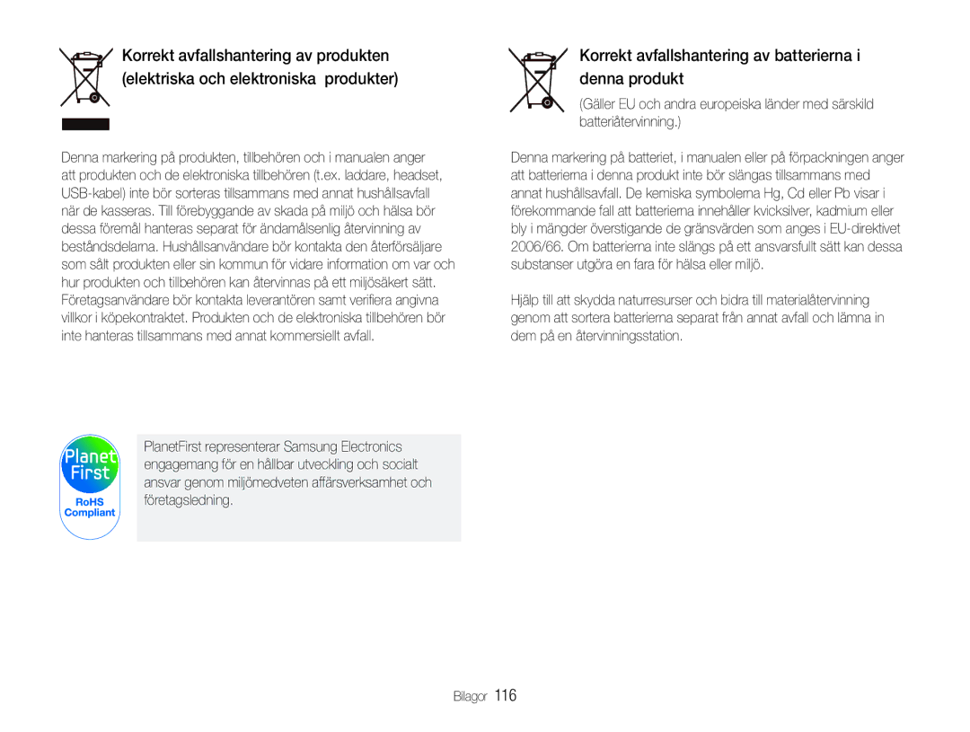 Samsung EC-ST600ZBPBE2, EC-ST600ZBPBE3, EC-ST600ZBPGE2 manual Korrekt avfallshantering av batterierna i denna produkt 