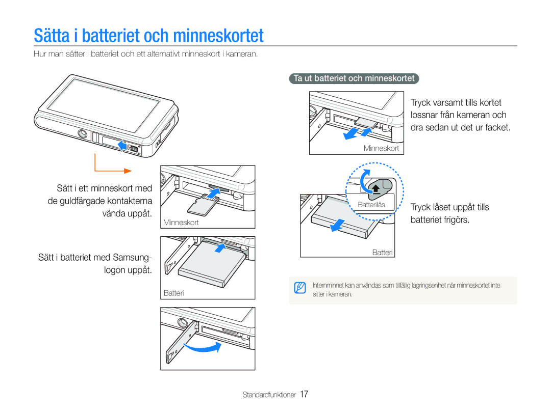 Samsung EC-ST600ZBPLE2 manual Sätta i batteriet och minneskortet, Batteriet frigörs, Ta ut batteriet och minneskortet 